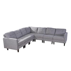 7-Piece Gray Tweed/Dark Brown Polyester 6-Seater L-Shaped Sectional Sofa with Wood Legs