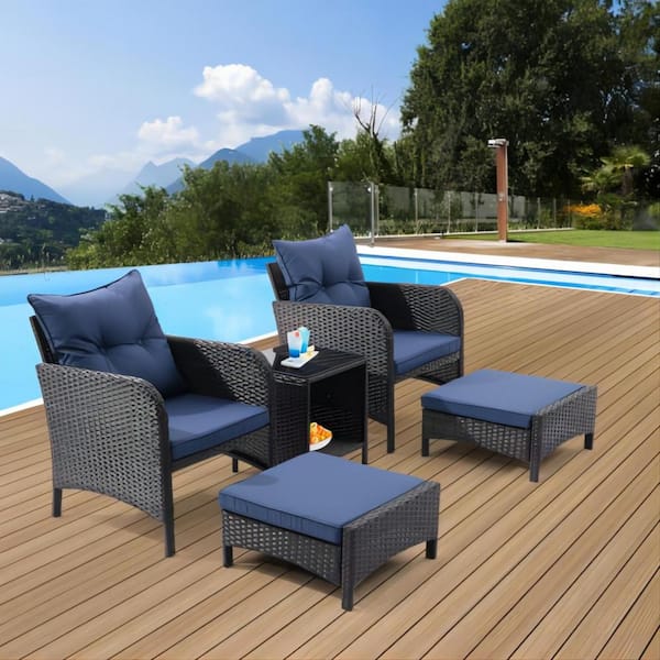 Clihome 5-Piece All Weather PE Wicker Patio Conversation Set with Peacock Blue Cushions, Ottomans and Storage Coffee Table