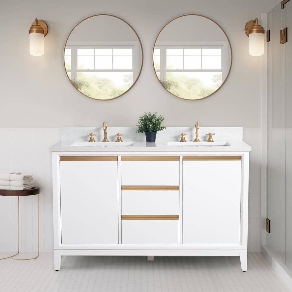 White Poplar Wood Double Bathroom Vanity with Marble Top