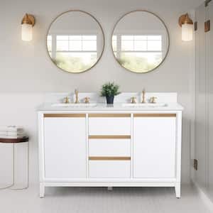 54 in. W x 22 in. D x 34 in. H Double Sink Bathroom Vanity in White with Engineered Marble Top