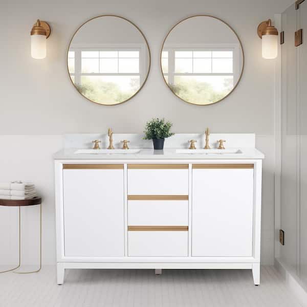 Vanity Art 54 in. W x 22 in. D x 34 in. H Double Sink Bathroom Vanity in White with Engineered Marble Top