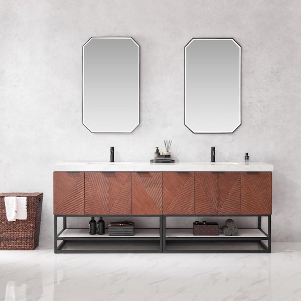 ROSWELL Mahon 84 in. W x 22 in. D x 33.9 in. H Double Sink Bath Vanity in Walnut with White Grain Composite Stone Top