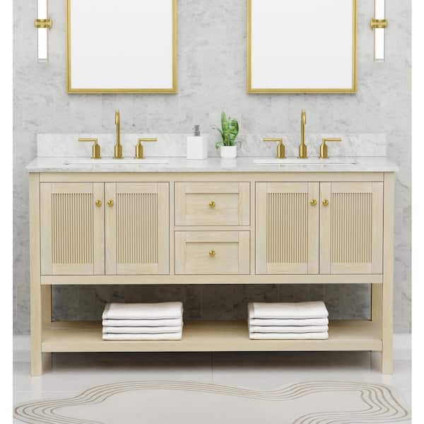 Arcott 61 in. Double Sink Fluted Natural Wood Bath Vanity with Carrara White Marble Top (Assembled)