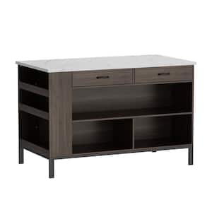 Marble Wood Grain Top 55.1  in.. W Kitchen Island D in. in.g Bar Table  in. Dark Brown With Shelves, 2-Drawers