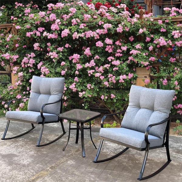 Unbranded Natural Comfort Metal Outdoor Rocking Chair Bistro Sets Rocking Chair with Gray Cushion for Deck Backyard Porch