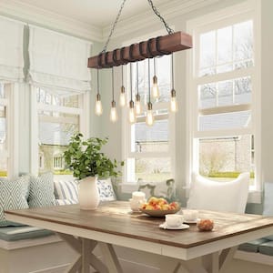 37.5 in 8-Light Farmhouse Black and Wooden Linear Chandelier Rustic Island Pendant for Dining Room, LED Compatible
