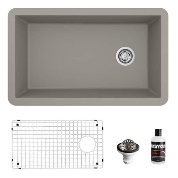 Karran QU-670 Quartz/Granite 32 in. Single Bowl Undermount Kitchen Sink in Concrete with Bottom Grid and Strainer