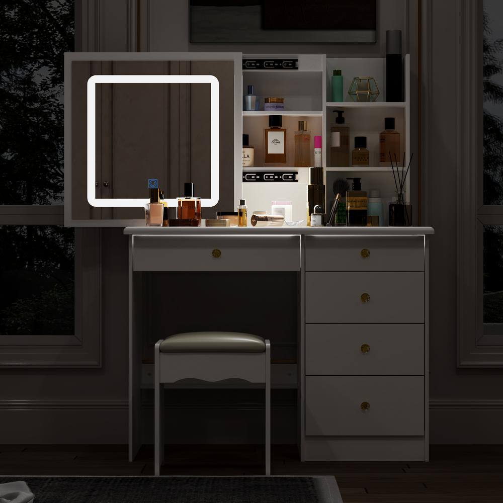 White Makeup Vanity Set Dressing Desk with Glass Top, Sliding LED Lighted Mirror, Drawers, Storage Shelves and Stool - thumbnail 4