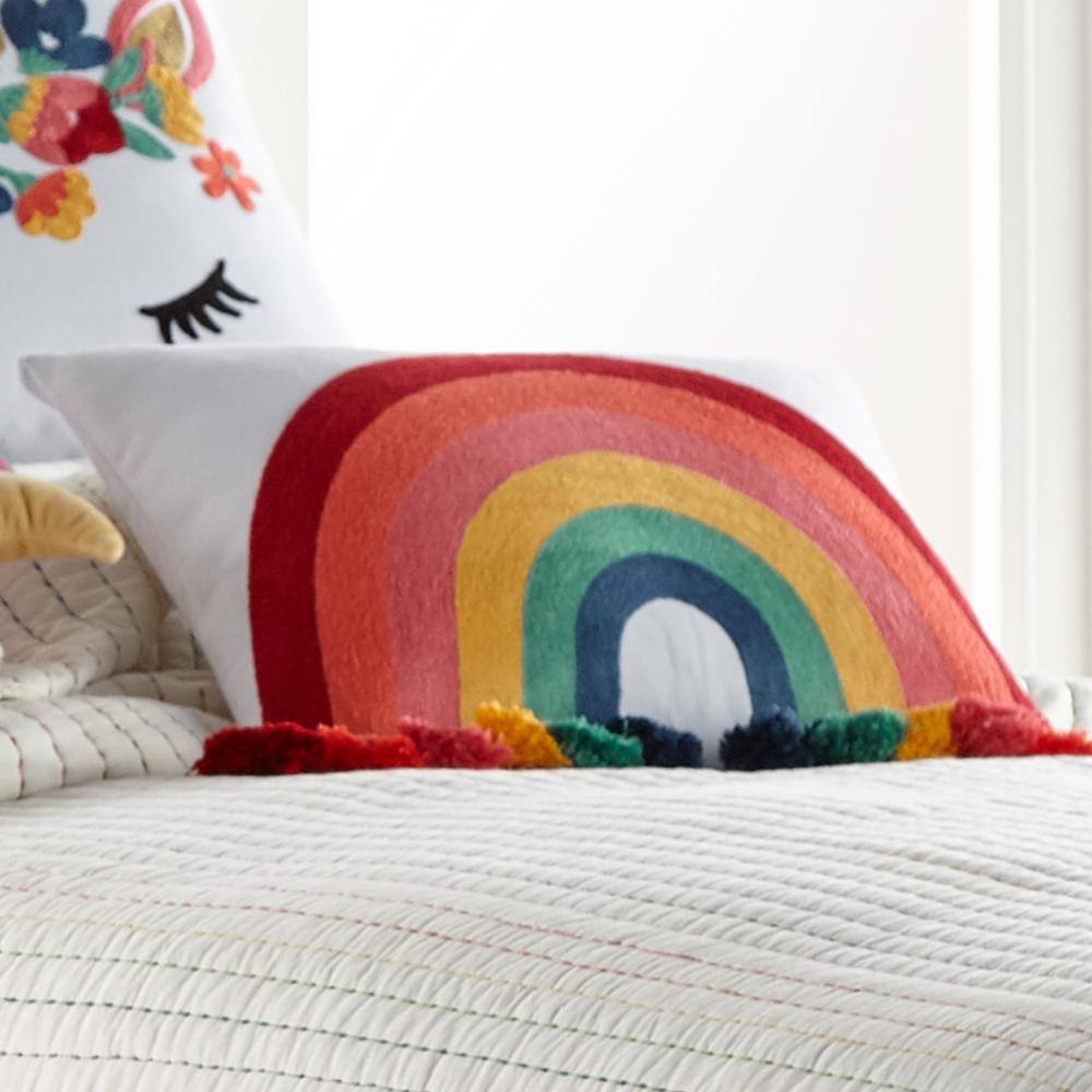 Multicolor Rainbow Embroidered Tassel Rectangular Throw Pillow