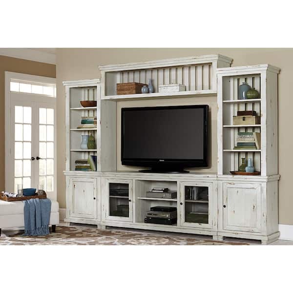 Progressive Furniture Willow 118 in. Distressed White Wood Entertainment Center Fits TVs Up to 55 in. with Wall Panel