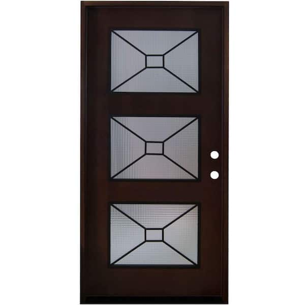 Steves & Sons 36 in. x 80 in. Modern Iron Grille 3 Lite Stained Mahogany Wood Prehung Front Door