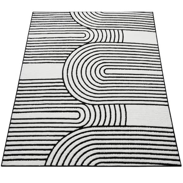 5'x7' Plush Geometric Area Rug, Washable Non Slip Arch Knot Carpet Black White
