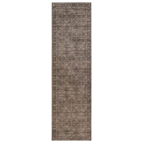 Traditional Allover Sage Green Machine Washable Non-Slip Backing 2 ft. x 12 ft. Green Area Rug