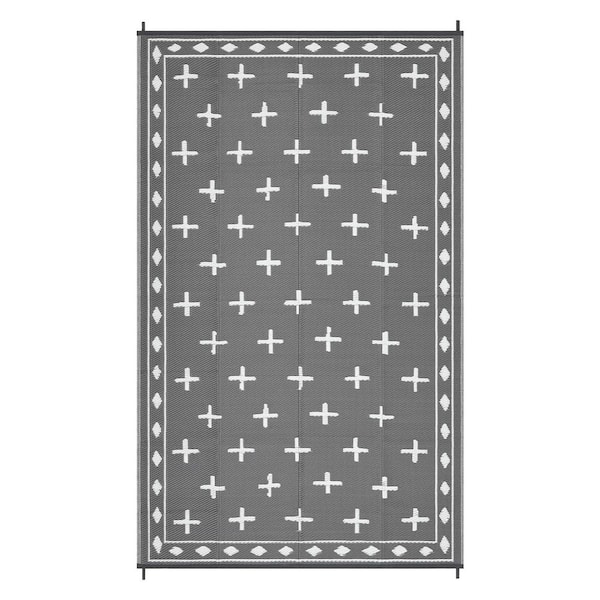 Gray/White 9 ft. x 18 ft. Extra Long Reversible Waterproof Plastic Straw Geometric Outdoor RV Patio Rug