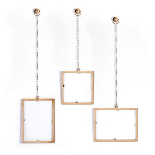 Melannco Hanging Metal Chain Rectangular Floating Picture Frames, Gold Finish, Incl-Hanging Hardware (Set of 3)