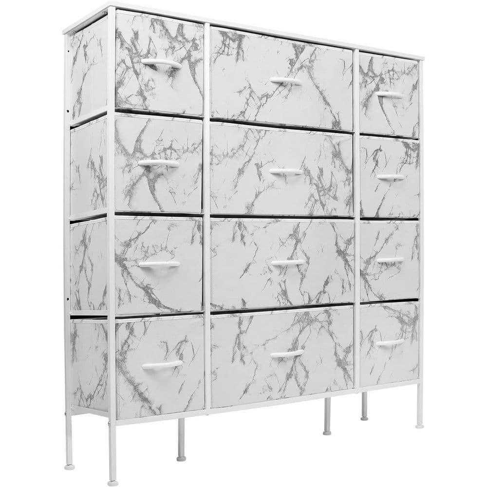 Sorbus White 12-Drawer Vertical Dresser with Marble Print Fabric Bins