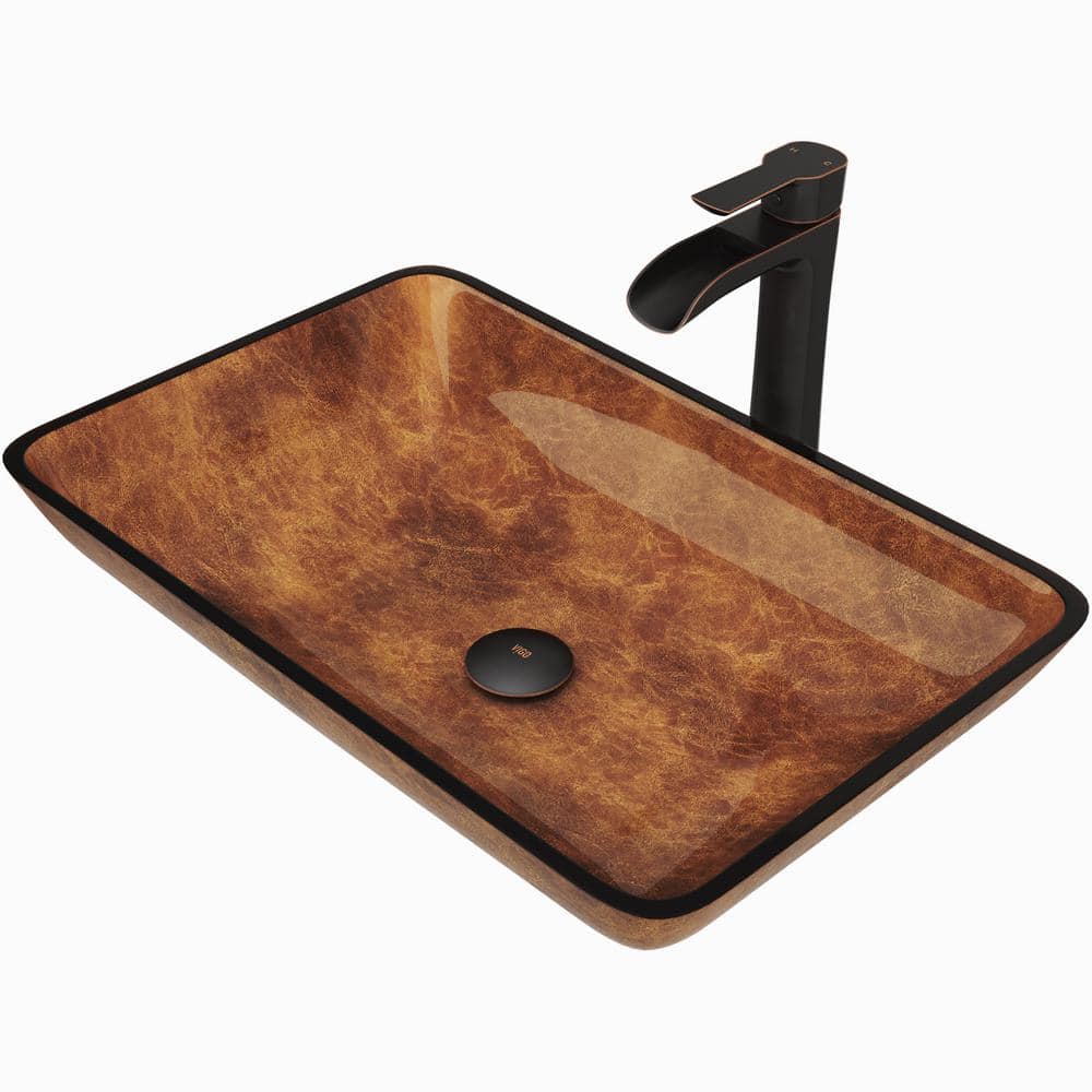 Russet Brown Tempered Glass Vessel Bathroom Sink with Antique Bronze Faucet