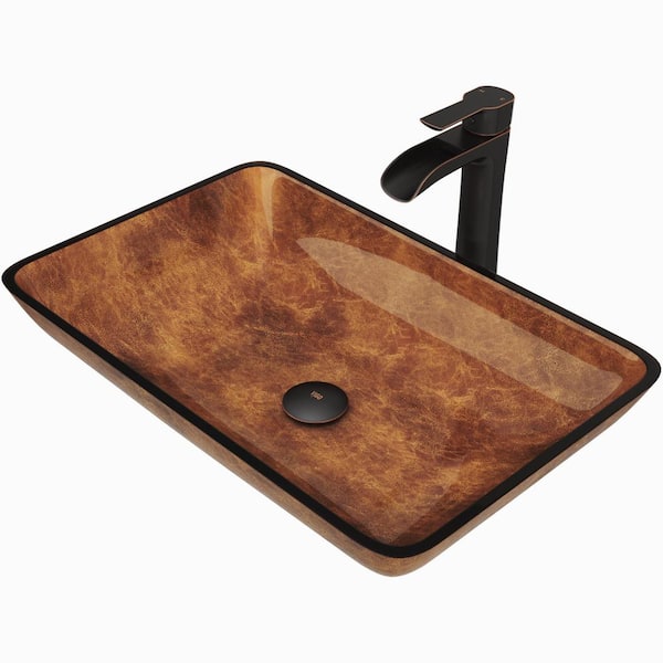 Glass Rectangular Vessel Bathroom Sink in Chocolate Brown with Niko Faucet and Pop-Up Drain in Antique Rubbed Bronze