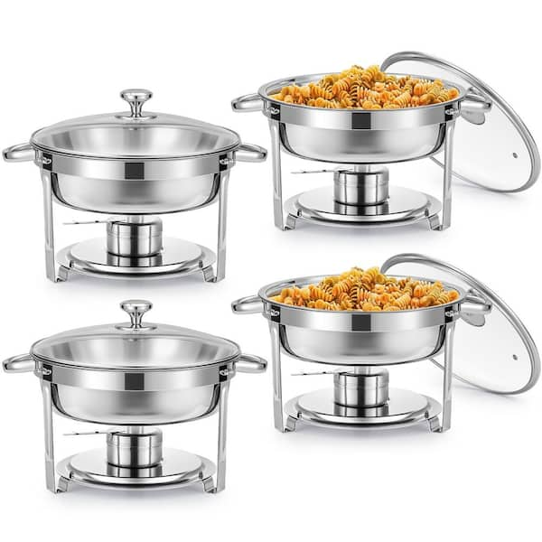 4-Pack 6 qt. Stainless Steel Round Chafing Dishes Buffet Set Catering Glass Lid Holder