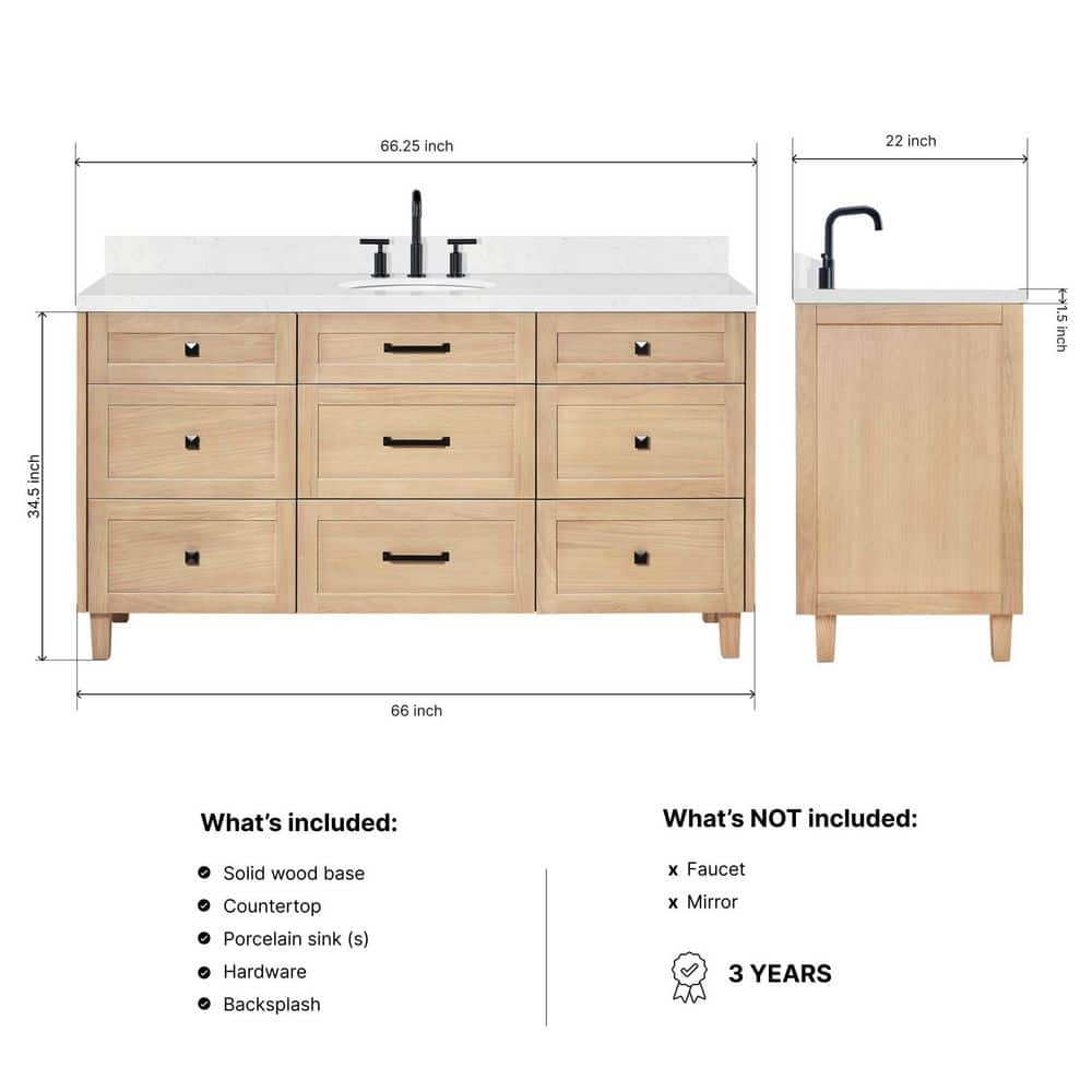 Monroe 66" Light Oak Freestanding Vanity with Carrara Quartz Top