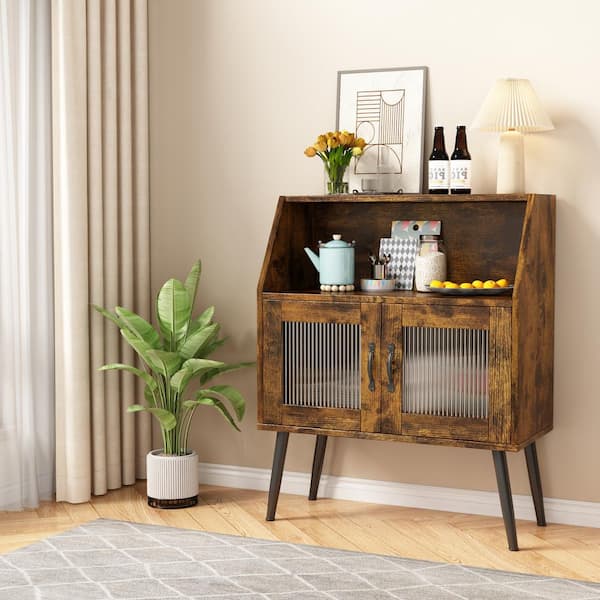 FUNKOL 31.5in x 19.69 in x 29.53in Brown 2-Shelf MDF Ready to Assemble Kitchen Cabinet with 1 Open and 1 Closed Levels