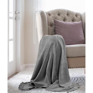 Woven 50 in. x 60 in. Light Gray Solid Checkered Cotton Fringe Throw Blanket