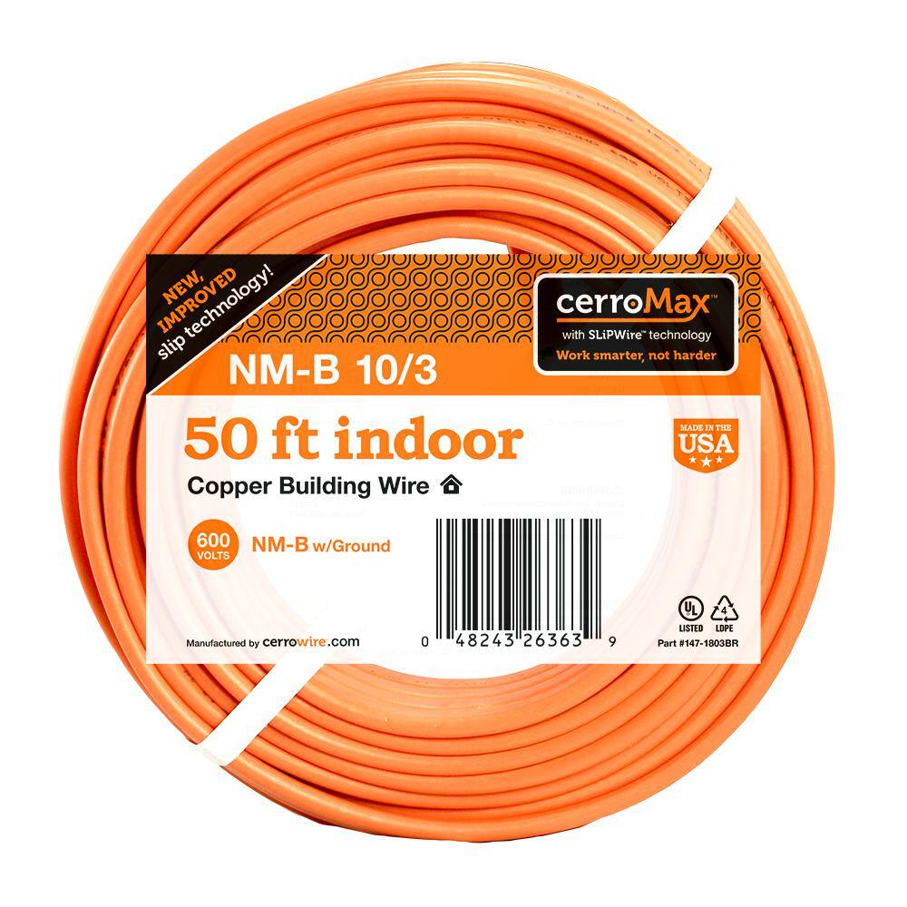 Cerrowire 50 ft. 10/3 Orange Solid CerroMax SLiPWire Copper NM-B Wire  147-1803BR