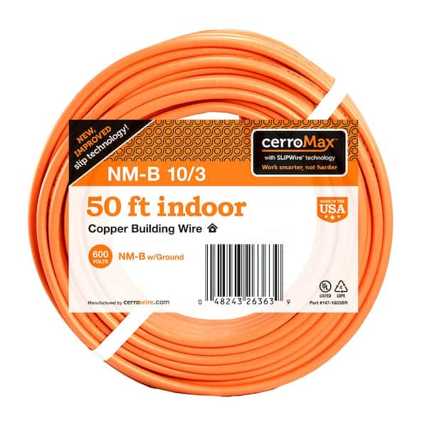 Cerrowire 50 ft. 10/3 Orange Solid CerroMax SLiPWire Copper NM-B Wire  147-1803BR - The Home Depot