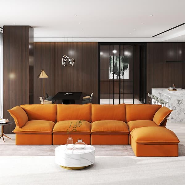 J&E Home 162.98 in Wide Flared Arm Linen Down-Filled Deep Seat Modular Sofa Free Combination in. Orange