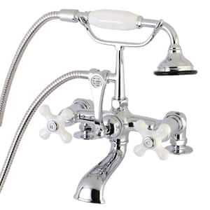Porcelain Cross 3-Handle Deck-Mount Claw Foot Tub Faucet with Handshower in Polished Chrome