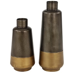 20 in., 15 in. Dark Gray Metal Decorative Vase with Gold Base (Set of 2)