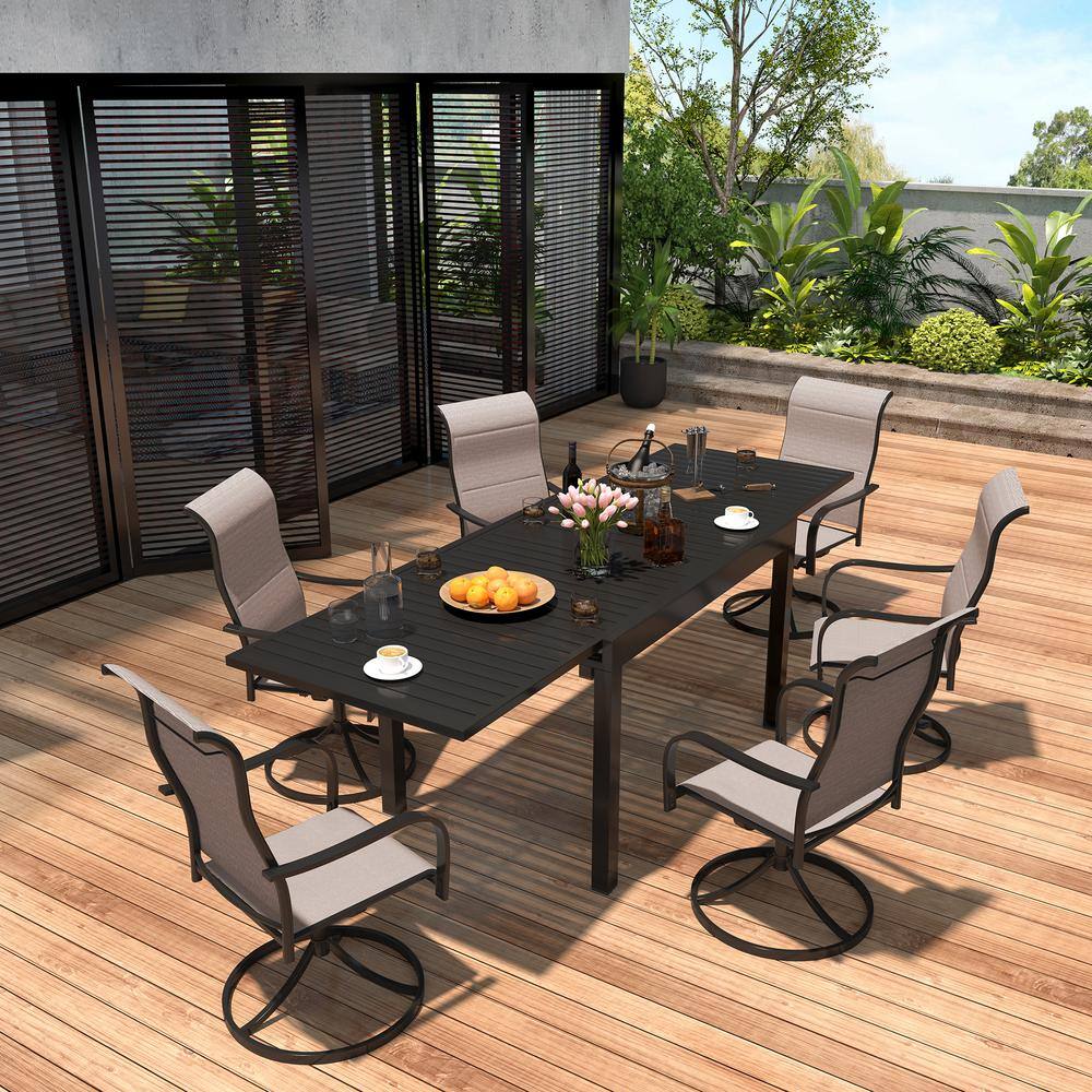 Brown 7-Piece Metal Outdoor Patio Dining Set with Extendable Dining Table and Textilene Swivel Chairs
