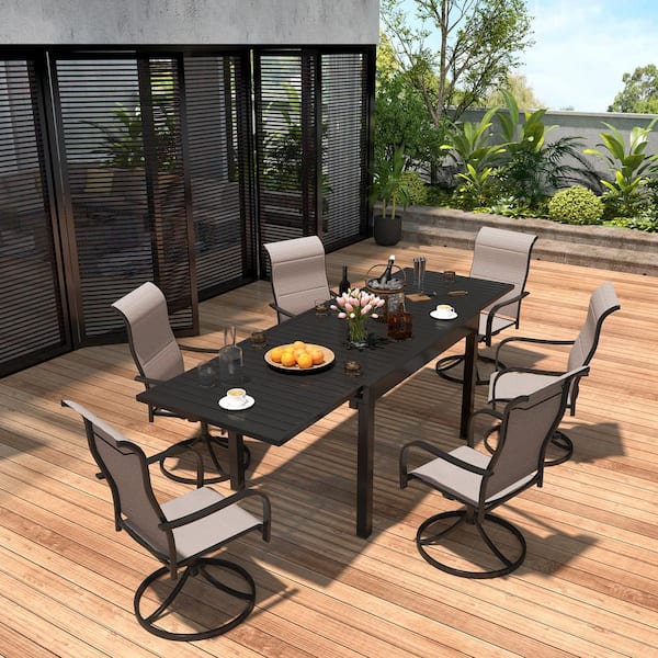 sumyeg Brown 7-Piece Metal Outdoor Patio Dining Set with Extendable Dining Table and Textilene Swivel Chairs