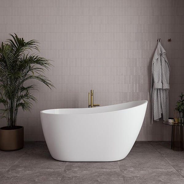 55 in. x 28 in. Acrylic Freestanding Soaking Bathtub in Glossy White with Brushed Brass Drain