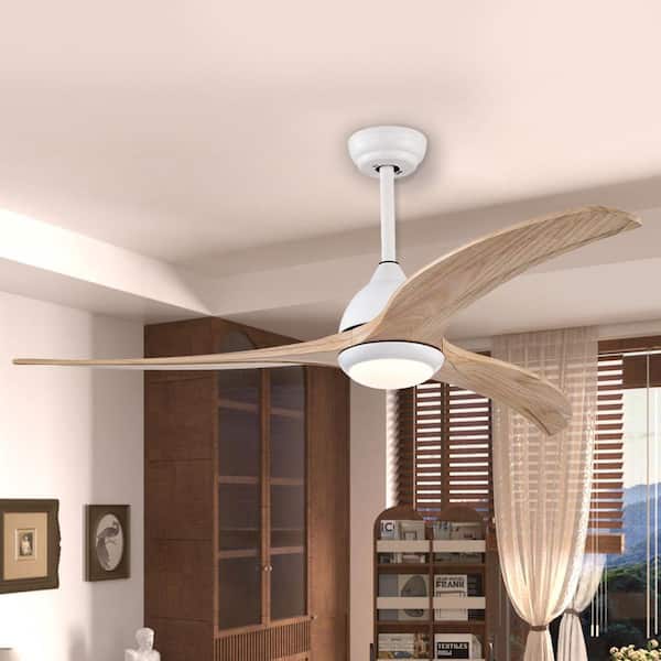 52 in. Integrated LED Indoor Matte White Ceiling Fan with Light and Remote 6-Speed DC Motor with 3 Wooden Blades