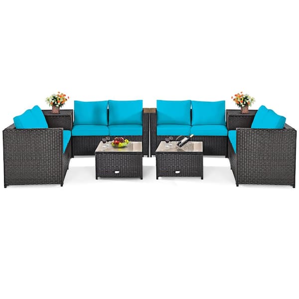 Costway 8-Piece Outdoor Patio Wicker Furniture Set Cushion Loveseat Storage Table Turquoise