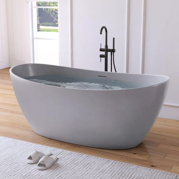 Cyrena 65 in. x 33.5 in. Stone Resin Solid Surface Flatbottom Freestanding Soaking Bathtub in Light Gray