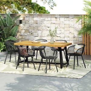 Hina Modern 7-Piece Outdoor Patio Dining Set, Acacia Wood, Polypropylene, Black + Teak