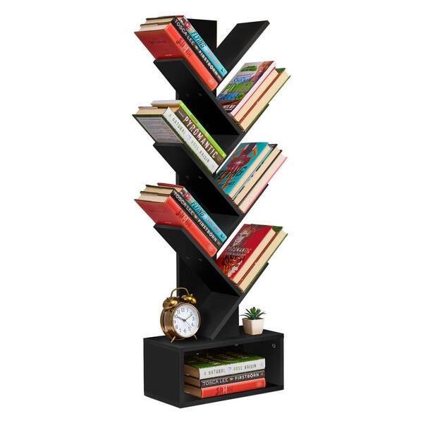 7 Tier Tree Bookshelf, 44.25 in. Tall Black Faux Wood 7-Shelf Accent Bookcase with Storage Shelf