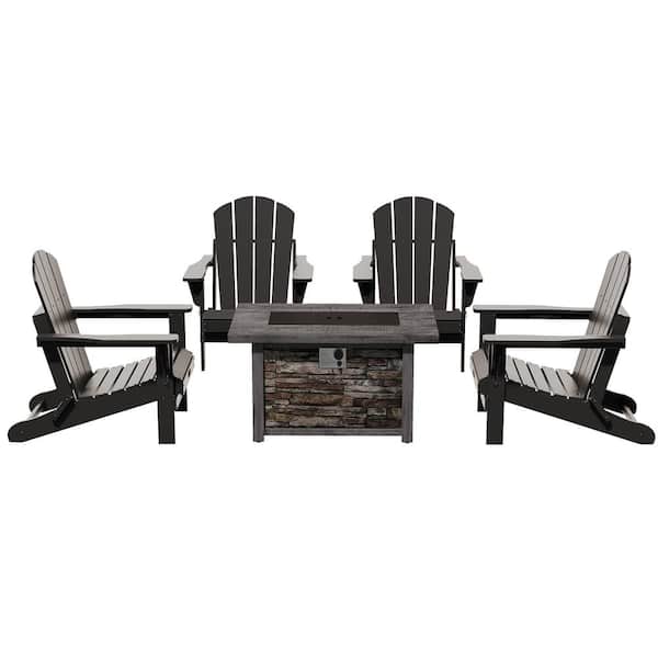 CASAINC Classic 5-Piece Wood Adirondack Patio Conversation Seating Fire Pit Set in Black