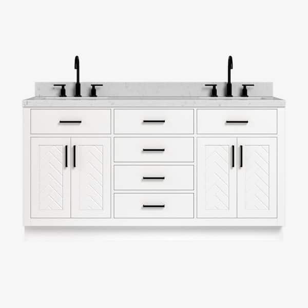 Herringbone 66 in. Double Sink Freestanding Bath Vanity in White with and Carrara Quartz Top
