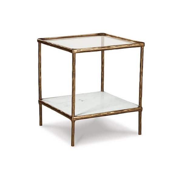 Benjara 21 in. Brass and White Square Glass Top Accent End Table with Metal Frame