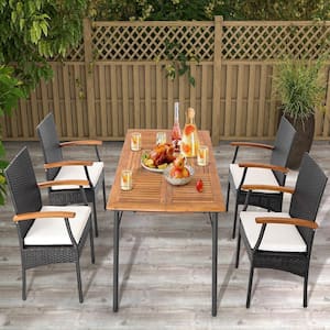 4-Piece Patio PE Wicker Outdoor Dining Chairs Acacia Wood Armrests with Soft Zippered White Cushion Balcony