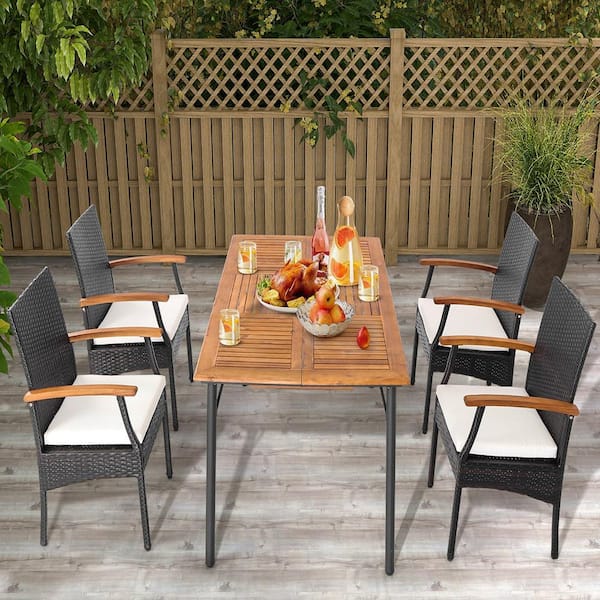 4-Piece Patio PE Wicker Outdoor Dining Chairs Acacia Wood Armrests with Soft Zippered White Cushion Balcony