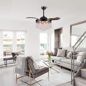 Kaleb 42 in. Modern Retractable 3-Blade Crystal Black Ceiling Fan with Remote and Light Kit