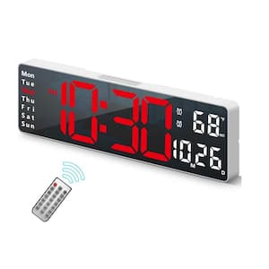 13 in. White Case Red LED Digital Clock Thermoplastic with Remote Control, Automatic Brightness, Date and Temperature
