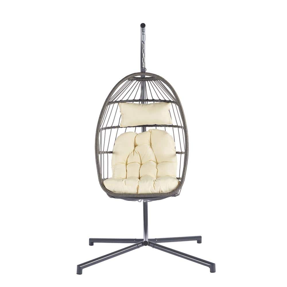 Angel Sar 40 in. 1Person Rattan Patio Egg Swing Chair with Khaki