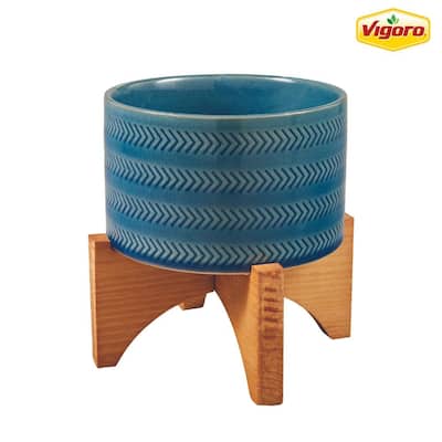 Vigoro 5 in. Jenkins Small Blue Ceramic Planter (5 in. D x 6.3 in. H) with Wood Stand