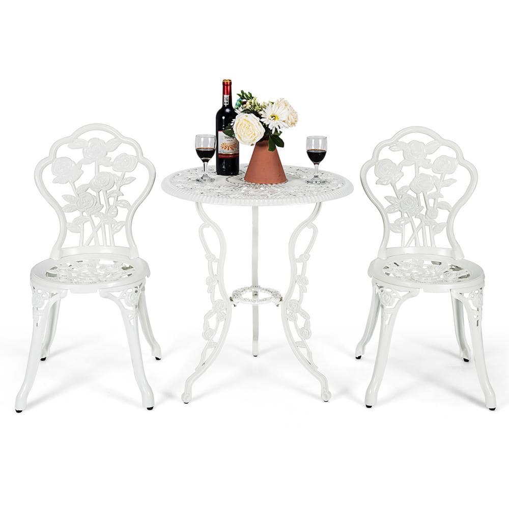 White Cast Aluminum Rose Design Outdoor Bistro Set