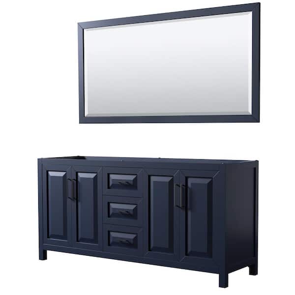 Wyndham Collection Daria 71 in. W x 21.5 in. D x 35 in. H Double Bath Vanity Cabinet without Top in Dark Blue with 70 in. Mirror